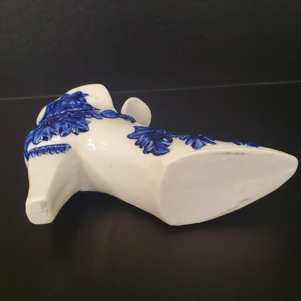 Vintage Victorian Shoe Delft Style Ceramic Planter Boot Décor Blue Bird On White